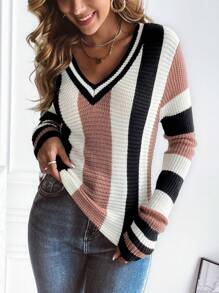 EMERY ROSE Color Block Drop Shoulder Sweater,Long Sleeve Tops Knit Pullover Fall Winter Sweater - Multicolor - View 6