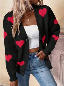 SHEIN Essnce 愛心圖案落肩袖開襟衫 - 彩色 - 查看 3