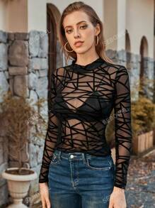 Geo Print Mesh Mock Neck Sheer Top Without Bra