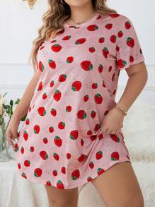 Plus Strawberry Print Pajama Nightdress, Moo Moo Night Dress - Pink - View 4