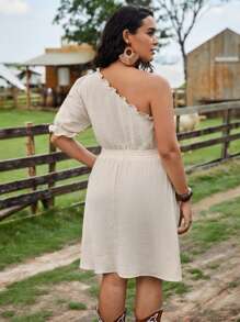 SHEIN VCAY Đầm Plus Size viền lá sen màu trơn Boho - Màu be - Xem 2