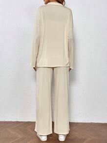 SHEIN LUNE 落肩袖襯衫&下擺開叉闊腿褲 - 杏色 - 查看 2