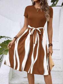 INAWLY Colorblock Belted Dress - Brown - View 4