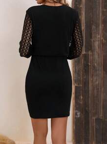 SHEIN LUNE Contrast Lace Lantern Sleeve Bodycon Dress - Black - View 2
