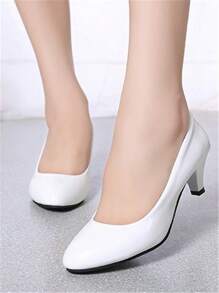 Zapatos de trabajo profesionales con puntera redonda y tacón grueso, tacones altos de moda para mujeres, bailarinas casuales de talla baja adecuadas para todas las estaciones - Blanco - Ver 1