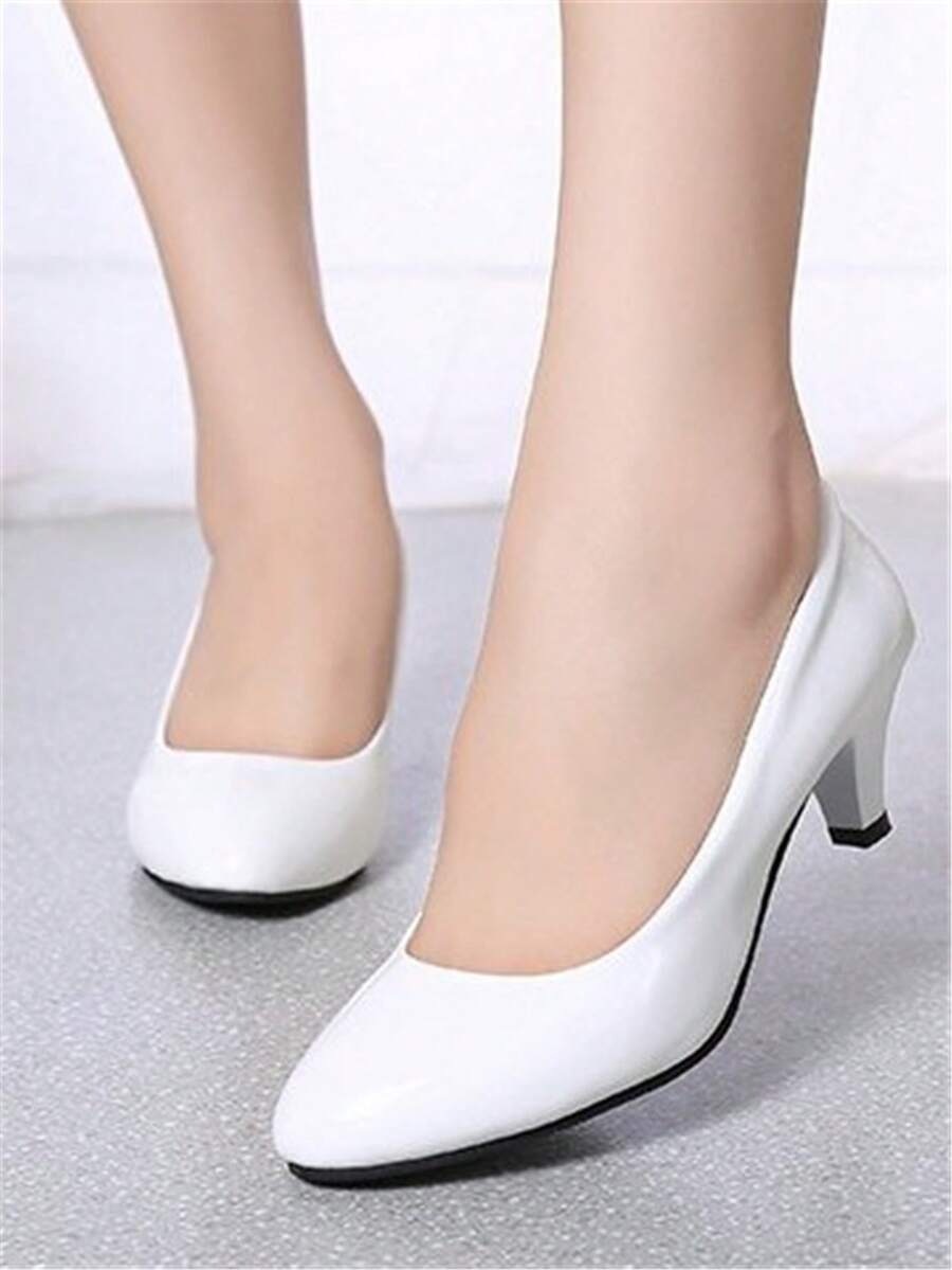 Zapatos de trabajo profesionales con puntera redonda y tacón grueso, tacones altos de moda para mujeres, bailarinas casuales de talla baja adecuadas para todas las estaciones - Blanco - Ver 1