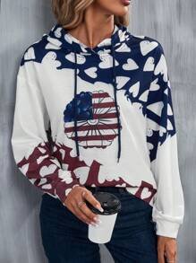 EMERY ROSE Áo hoodie dáng rộng có dây rút, họa tiết hoa và trái tim, thích hợp mặc mùa thu. - trắng - Xem 6