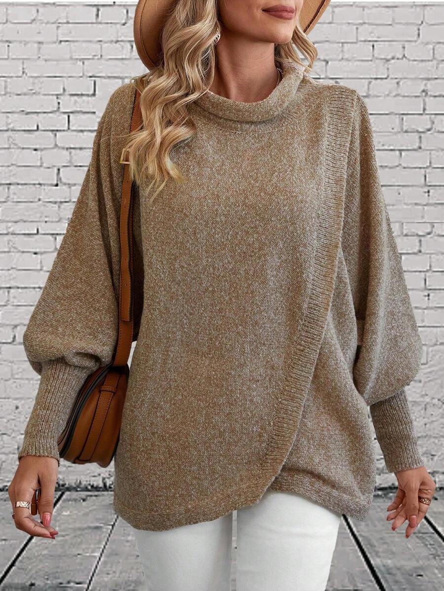 SHEIN LUNE Áo len chui đầu dệt kim kiểu vạt chéo nhuộm loang màu, thích hợp cho mùa thu đông. - Màu Khaki - Xem 1