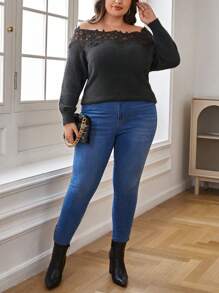 SHEIN Clasi Plus Off Shoulder Guipure Lace Appliques Sweater