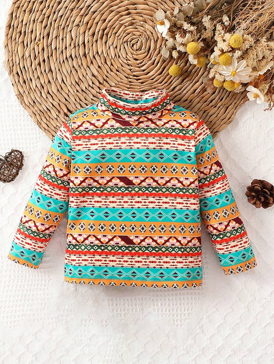 Baby Girl Geo Print Mock Neck Tee - Multicolor - View 1