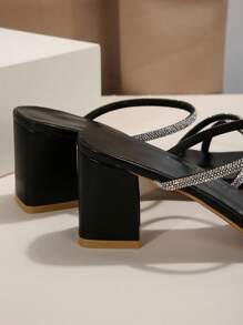 女士时尚高跟穆勒凉鞋 2024 年夏季新款法式粗跟一脚蹬拖鞋 - 黑色 - 查看 6