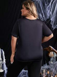 Talla grande Top para dormir fantasma de Halloween con estampado - Blanco y Negro - Ver 2