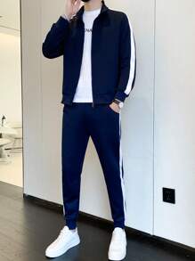 Men Contrast Side Seam Jacket & Sweatpants - Blue - View 5