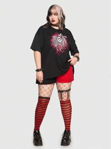 ROMWE Anime 大碼蜘蛛印花落肩T恤 - 黑色 - 查看 2