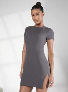 SHEIN BASICS 素色下擺開叉緊身連衣裙 - 深灰色 - 查看 1