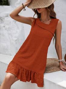 SHEIN VCAY Chất rắn Xù Hoa Sen Đầm - Màu Cam cháy - Xem 4
