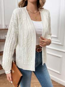 SHEIN Frenchy Cable Knit Drop Shoulder Cardigan - White - View 5