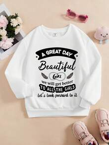 Tween Girl Slogan Graphic Thermal Lined Pullover - White - View 1