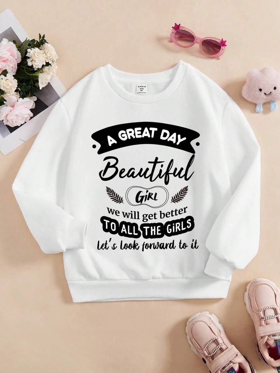 Tween Girl Slogan Graphic Thermal Lined Pullover - White - View 1