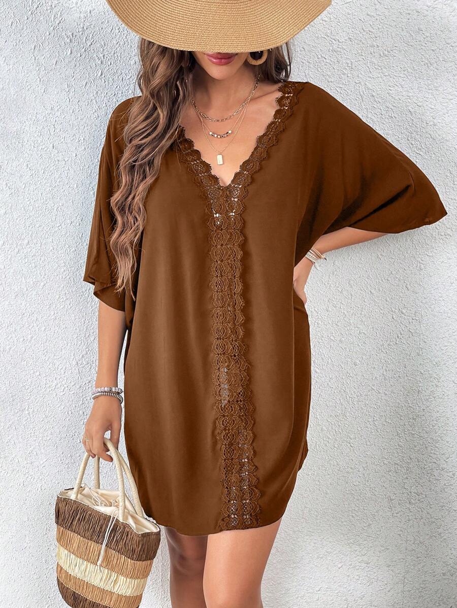 SHEIN VCAY Guipure Lace Panel Batwing Sleeve Cover Up Dress - Coffee Brown - View 1