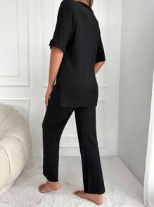 RueChic Solid Drop Shoulder Tee & Trousers - Black - View 2