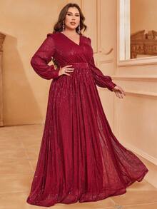 Faeriesty Plus Surplice Neck Lantern Sleeve Sequin Formal Dress - Burgundy - View 4