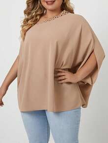 SHEIN VCAY 大碼素色蝙蝠袖襯衫 - 杏色 - 查看 3