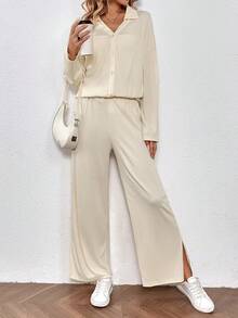 SHEIN LUNE 落肩袖襯衫&下擺開叉闊腿褲 - 杏色 - 查看 6