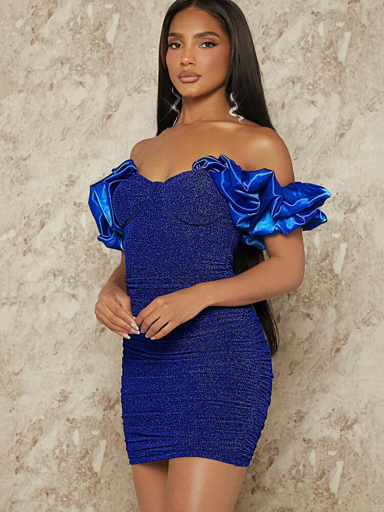 SHEIN BAE 一字肩褶邊緊身上衣金屬亮絲緊身洋裝 - 寶藍色 - 查看 5