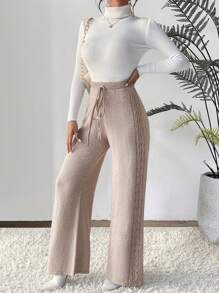 SHEIN LUNE Drawstring Waist Wide Leg Knit Trousers - Khaki - View 3