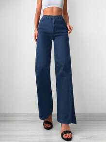 EURMUSE Solid Split Hem Straight Leg Jeans - Dark Wash - View 1