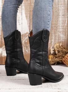 女式秋冬戶外優雅西部風格靴子，女性牛仔靴 - 黑色 - 查看 4