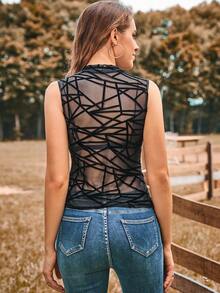 Top con estampado geométrico de malla de cuello alto transparente - Negro - Ver 2