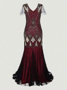 亮片拼接網紗覆蓋魚尾裙下擺連衣裙 - 彩色 - 查看 2