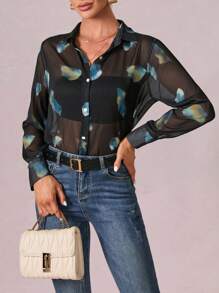 SHEIN Clasi Camisa con estampado de dibujo con botón delantero sin sujetador - Negro - Ver 5