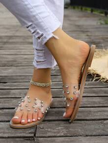 女士流行夏季開放式腳趾涼鞋,具有透氣設計和鑲嵌鑽石裝飾 - 卡其色 - 查看 6