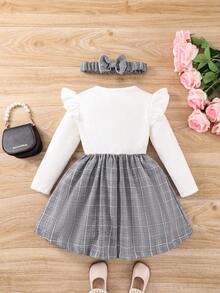 SHEIN Young Girl Plaid Print Ruffle Trim Bow Front Dress With Headband - Multicolor - View 2