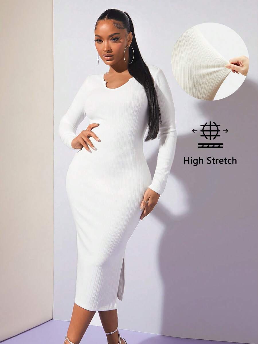SHEIN SXY Solid Split Back Bodycon Dress - White - View 1