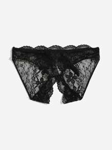 Lencería de encaje floral con moño frontal y braga sin entrepierna - Negro - Ver 3