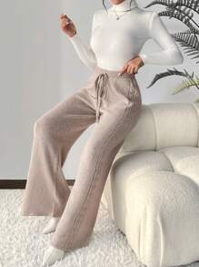 SHEIN LUNE Drawstring Waist Wide Leg Knit Trousers - Khaki - View 6