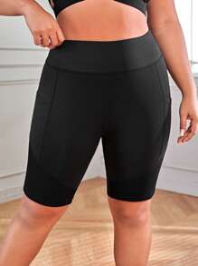 SHEIN Yoga Basic Plus Solid Wideband Waist Sports Shorts With Phone Pocket - Black - View 3