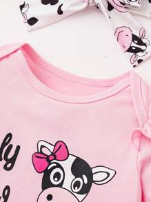 SHEIN 女嬰奶牛&標語圖案荷葉邊連身背心&喇叭褲＆ 頭巾 - 彩色 - 查看 5