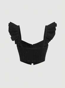 SHEIN MOD Ruffle Trim Zip Up Crop Denim Top - Black - View 2