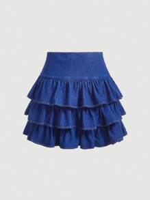 SHEIN MOD Layer Hem Denim Skirt - Medium Wash - View 2