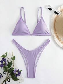 SHEIN Swim Summer Beach Triangle High Cut Bikini Set Sexy Bikini Set, Vacation Bikini - Lilac Purple - View 6