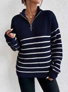 Calvaya Striped Pattern Half Zip Drop Shoulder Jumper - Royal Blue - View 7