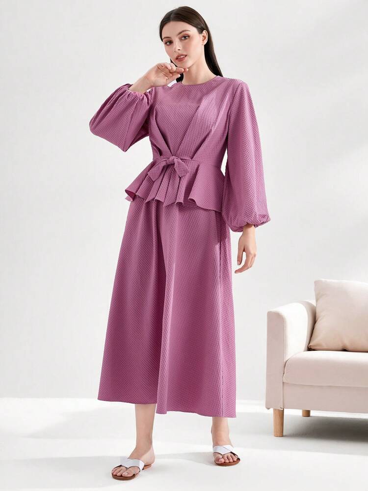 Lantern Sleeve Knot Front Peplum Top & Skirt