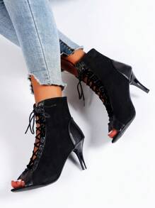 Giày bốt ngắn hở mũi hở mũi thời trang thu/đông đa năng, giày bốt cao đến giữa bắp chân buộc dây thanh lịch cho ngày lễ, giày bốt cao gót thanh mảnh mùa hè, giày bốt dành cho nữ - màu đen - Xem 4