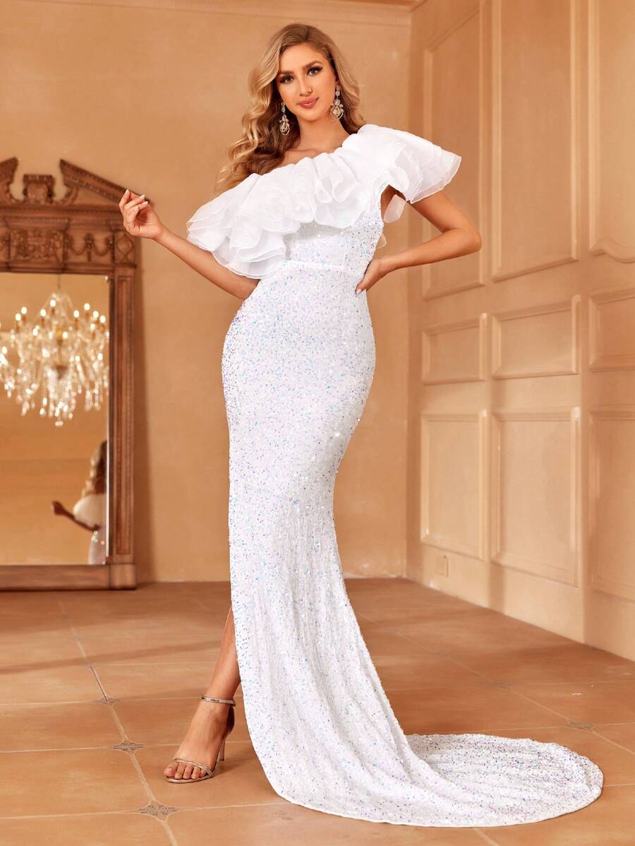 素色荷葉邊高衩亮片派對禮服