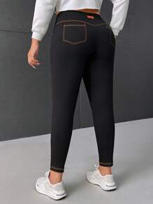 Truni Plus Top-Stitching Wideband Waist Leggings - Black - View 5